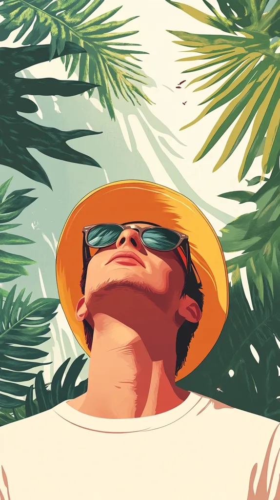 A stylized illustration depicts a person with tan skin, wearing a yellow hat and sunglasses, looking up at a vibrant tropical sky. Lush green palm leaves frame the individual, creating a sense of relaxation and summer vacation. The art style is bold and graphic, with strong color contrasts and clean lines, evoking a feeling of warmth and serenity.