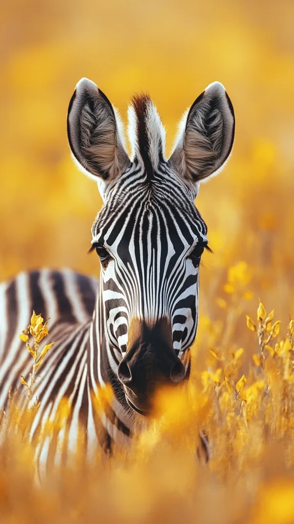 A zebra stands amidst a field of vibrant yellow wildflowers.  Its distinctive black and white stripes are sharply defined against the warm, golden background. The zebra's gaze is directed toward the camera, its large ears alert.  The soft focus on the flowers creates a beautiful contrast with the sharp detail of the animal's features, resulting in a striking image.