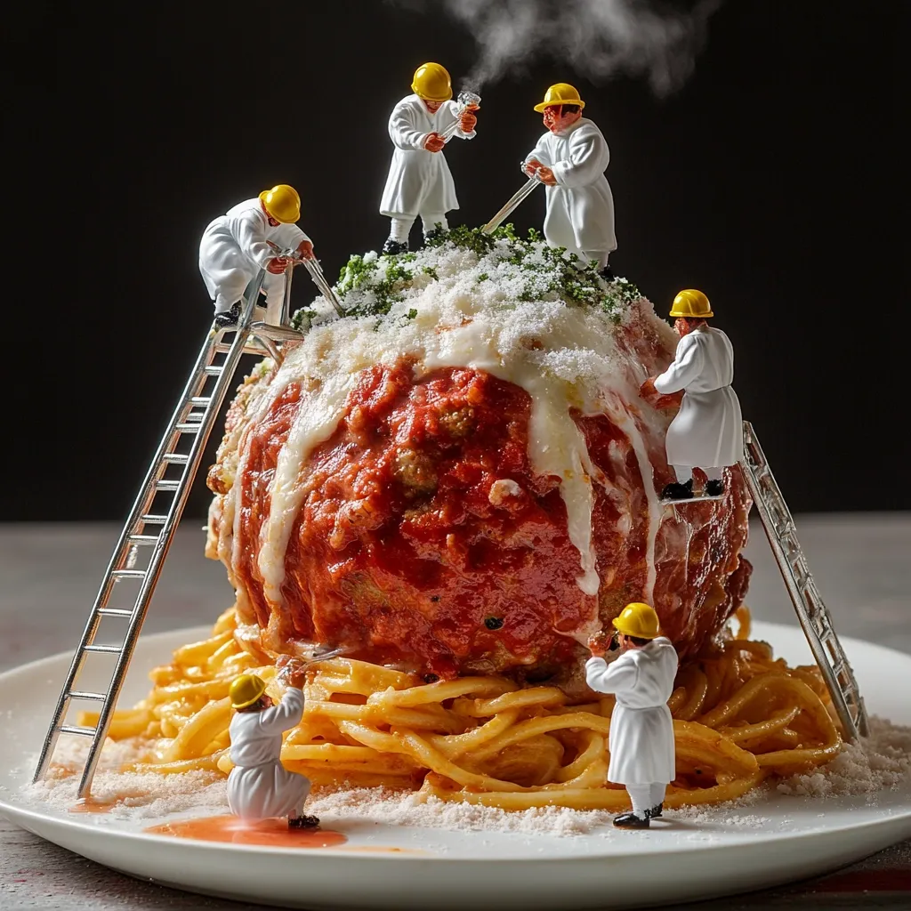 Miniature construction workers, clad in white suits and yellow hard hats, meticulously garnish a colossal meatball.  The meatball, smothered in rich tomato sauce and melted cheese, sits atop a generous bed of spaghetti.  Ladders provide access to the mountainous culinary creation, creating a whimsical, artistic scene.  The image showcases a playful juxtaposition of scale and culinary artistry.