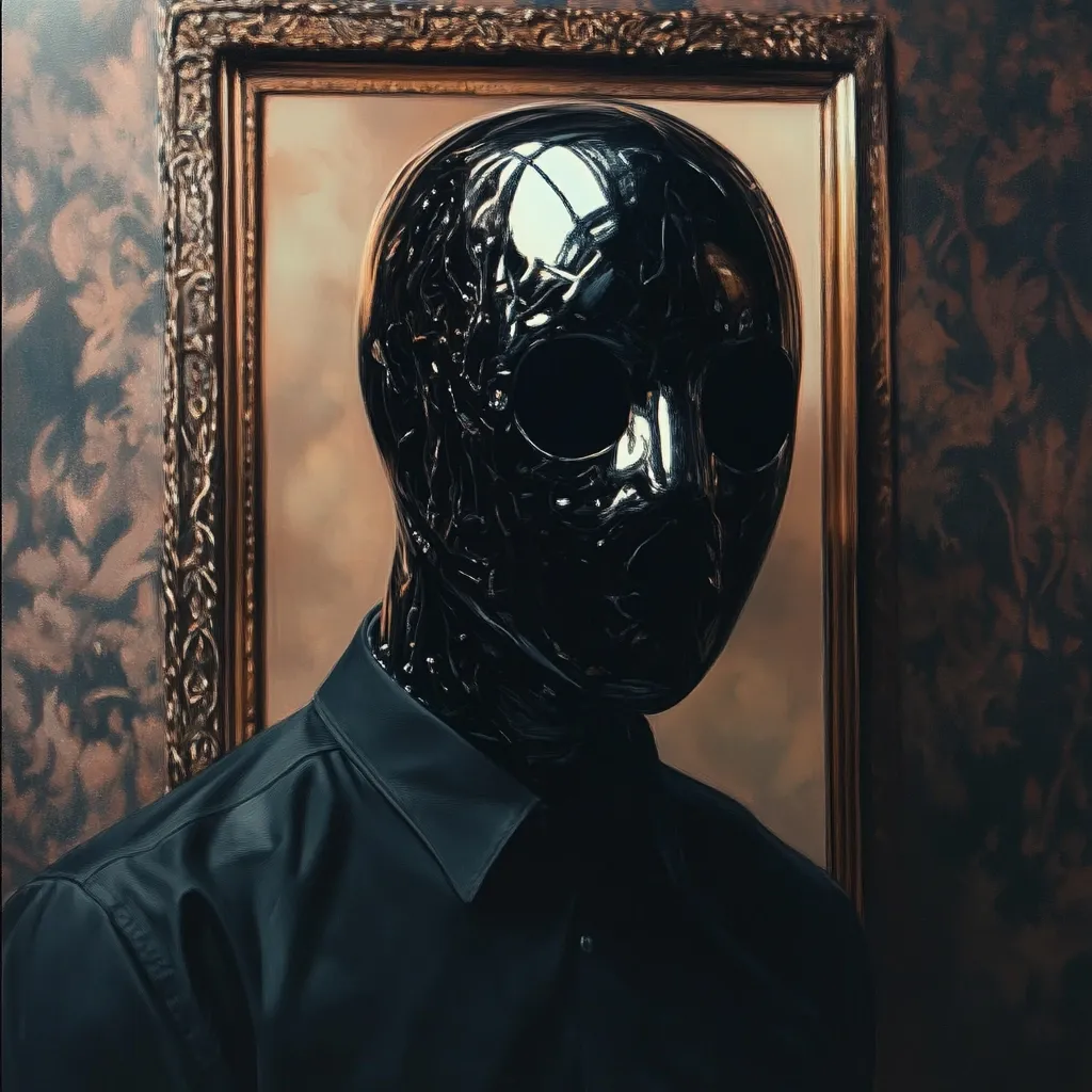 A hyperrealistic painting depicts a figure wearing a sleek, black, head-to-shoulder mask with subtle, organic textures.  The mask reflects light, creating a glossy sheen. The figure is dressed in a dark collared shirt, positioned before an ornate gold picture frame. The background features a rich, dark brown textured wall. The overall mood is mysterious and somewhat unsettling.