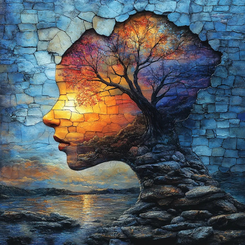 A captivating artwork depicts a woman's profile emerging from a cracked stone wall.  Inside, a vibrant sunset landscape unfolds, featuring a prominent tree silhouetted against the fiery sky. The colors are rich and contrasting, blending cool blues of the wall with warm oranges and purples of the inner scene. The style suggests a surreal and introspective representation of inner peace or the connection between nature and the human spirit.