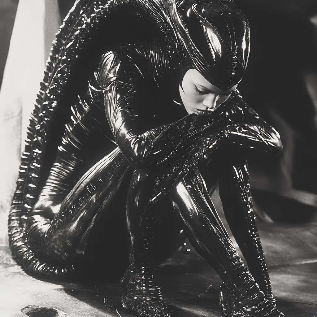 A black and white image shows a person in a dark, form-fitting, alien-like costume.  The costume has a long, segmented tail and a helmet-like headpiece. The figure sits hunched over with their head bowed, appearing melancholic or defeated. The glossy texture of the suit and the dramatic lighting create a somber, otherworldly atmosphere.  The setting appears to be a dark, industrial or futuristic environment.