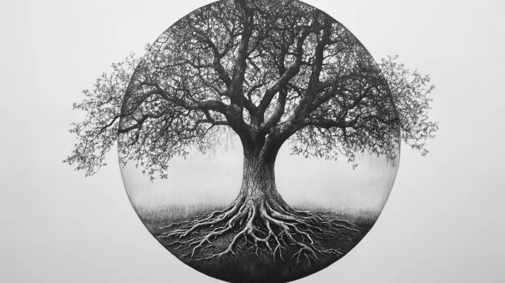 A detailed pencil sketch depicts a majestic tree, its branches reaching outwards within a circular frame.  The tree's intricate root system is prominently displayed, contrasting with the delicate branches above.  The monochromatic palette emphasizes the texture and detail of the drawing, creating a sense of depth and stillness. The image evokes feelings of strength, resilience, and the interconnectedness of nature.
