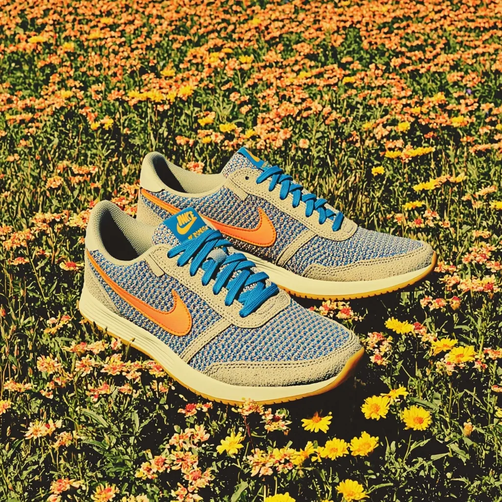 A pair of Nike trainers, featuring a beige and blue patterned upper, orange swoosh logo, and teal laces, rest in a vibrant field of yellow and orange wildflowers.  The shoes have a cream-colored sole and appear to be new or in excellent condition. The setting evokes a feeling of springtime freshness and outdoor leisure.