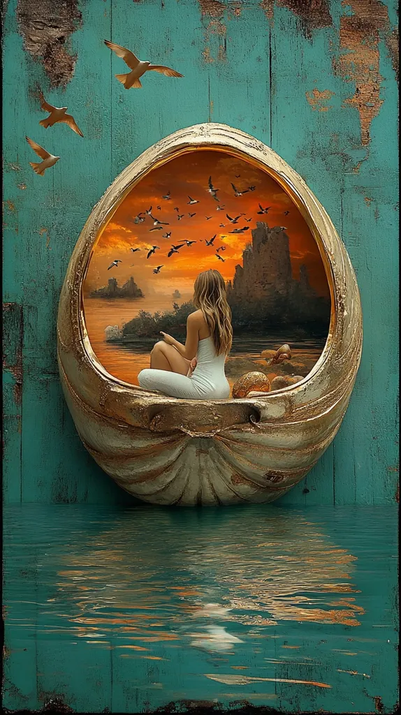 A woman in a white dress sits inside a large, ornate seashell against a teal wooden backdrop.  The shell's interior depicts a sunset scene over water, with a castle in the distance and numerous birds in flight. The tranquil image evokes a sense of peace and fantasy, reflecting in the calm water below. The overall style is surreal and dreamlike.