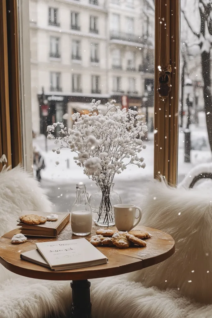 A cozy winter scene unfolds by a window overlooking a snow-dusted Parisian street.  A small wooden table holds a book, a cup of coffee, milk, cookies, and a vase of snow-covered baby's breath.  Fluffy white cushions surround the table, adding to the warm and inviting atmosphere.  Snow gently falls outside, enhancing the tranquil ambiance.