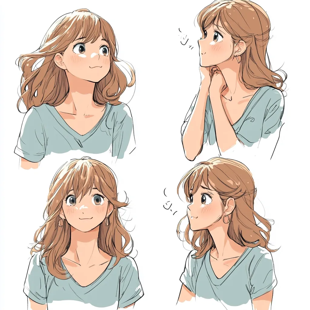 The image showcases four variations of an anime-style female character with light brown, wavy hair and a teal v-neck shirt.  Each panel depicts a slightly different facial expression, ranging from thoughtful contemplation to a gentle smile, demonstrating subtle changes in her demeanor and positioning.  The style is soft and expressive, highlighting the character's emotional range.