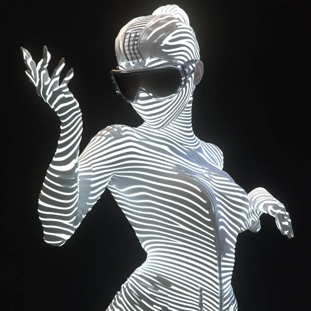 A stylized female figure is depicted, her body rendered in luminous white stripes against a black background. She wears futuristic goggles and her pose suggests a gesture of invitation or presentation. The image's stark contrast and graphic lines create a striking visual effect, blending elements of fashion, technology, and art. The overall impression is one of sleek modernity and subtle allure.