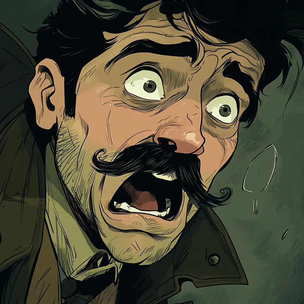 A close-up illustration depicts a man's terrified face.  He has dark hair, a prominent mustache, and wide, frightened eyes. His mouth is open in a silent scream. He appears to be wearing a dark jacket. The style is reminiscent of graphic novels or comic books, with bold lines and shading. The background is a muted greenish-grey. The overall mood is one of intense fear and suspense.