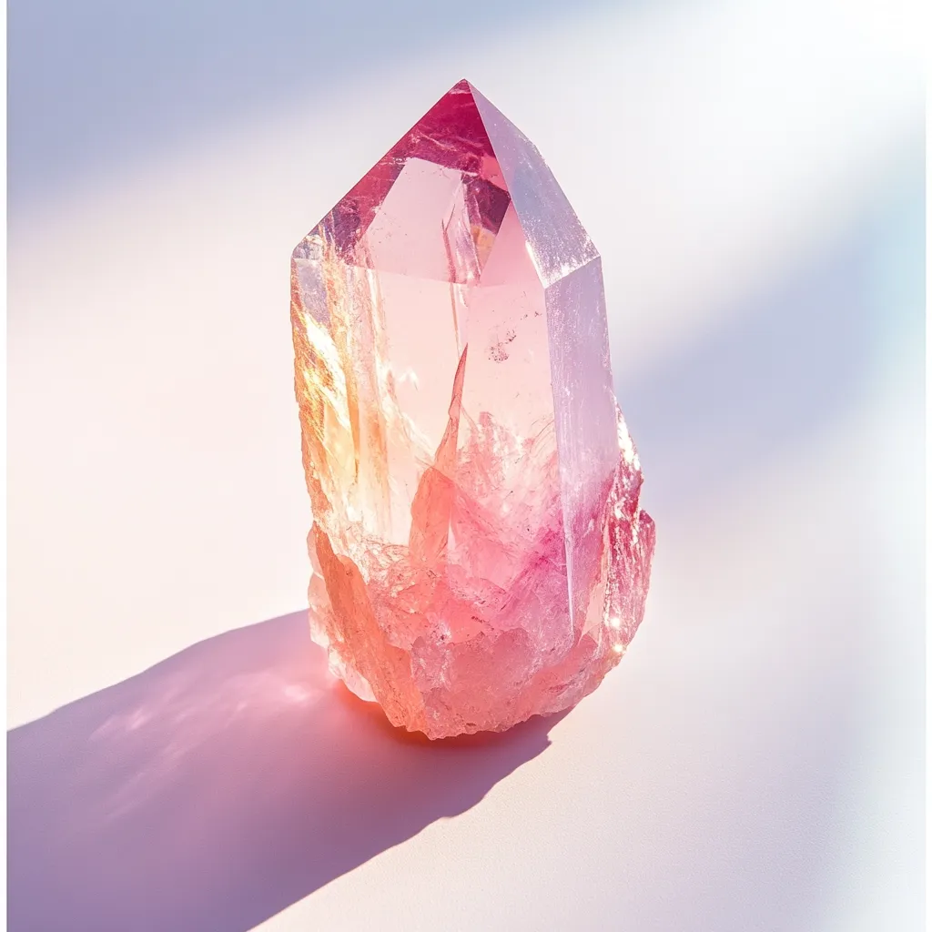 A stunning pink and orange quartz crystal cluster sits on a soft, light pink surface.  The crystal's facets catch the light, creating a radiant glow.  Its natural, raw base contrasts with the sharp point at its apex. The soft lighting casts a gentle shadow, highlighting the crystal's delicate beauty.
