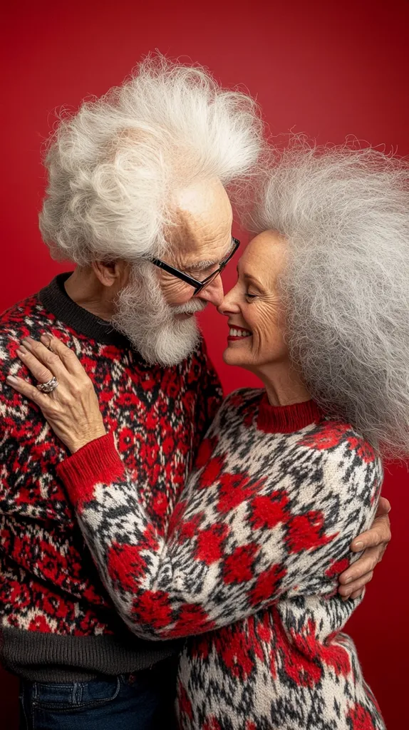 An elderly couple, adorned in matching red and white patterned sweaters, embrace tenderly against a vibrant red backdrop.  Their white hair is full and slightly unkempt, adding to their charmingly whimsical appearance.  They are close, noses touching, conveying a deep affection and connection. The image evokes feelings of warmth, love, and the enduring strength of a long-term relationship.