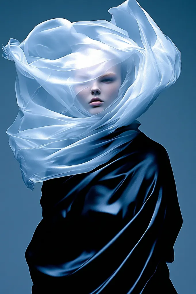 A woman's face is partially obscured by a swirling, translucent light blue fabric that envelops her head and shoulders.  She wears a dark, rich blue satin garment that drapes dramatically around her. The overall effect is one of ethereal beauty and mystery, with a focus on texture and contrasting colors.  The background is a muted blue, enhancing the image's mood.