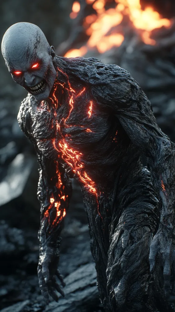 A terrifying creature, seemingly composed of solidified lava and ash, dominates the foreground.  Its skin is dark and cracked, with glowing orange veins of molten rock pulsing beneath.  Burning embers and lava flow in the blurred background, creating a hellish landscape. The creature’s face is pale, gaunt, and features glowing red eyes, enhancing its menacing expression.  Its form suggests immense power and a destructive nature.