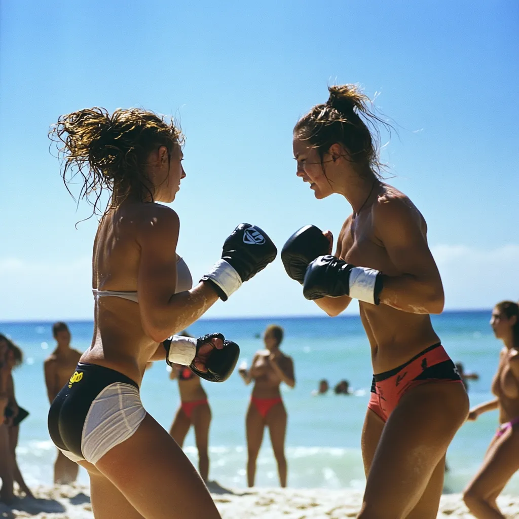Two athletic women, wearing boxing gloves and minimal swimwear, face each other on a sunny beach, ready to spar.  The background features a blurred ocean and other beachgoers.  The women's toned physiques and focused expressions highlight their fitness and competitive spirit. The scene is vibrant and energetic, capturing a moment of intense preparation before a boxing match.