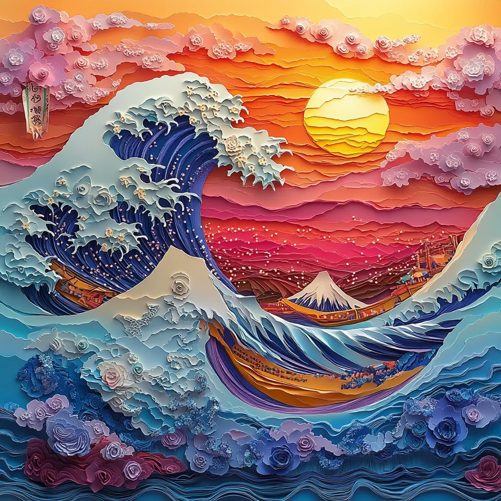 A vibrant paper art rendition of Hokusai's "The Great Wave off Kanagawa."  The iconic wave is depicted in layered blues and purples, contrasted by a warm sunset and Mount Fuji in the background.  Intricate paper flowers adorn the scene, adding a whimsical touch to this three-dimensional interpretation of a classic Japanese woodblock print. The layered paper creates depth and texture, transforming the flat image into a visually stunning artwork.