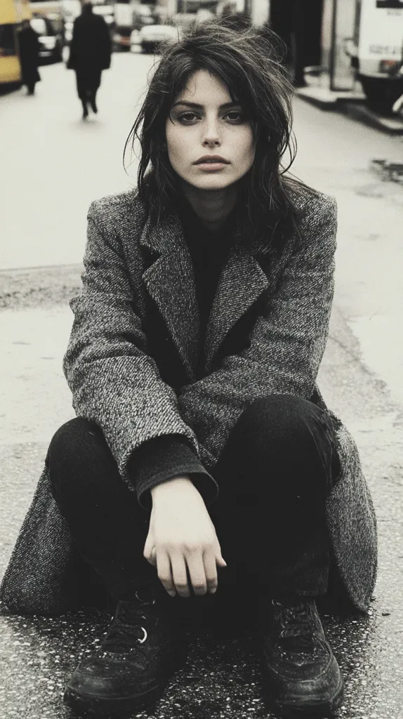 A young woman with dark, tousled hair sits on a city street, dressed in a gray tweed coat and black pants.  Her expression is serious, almost melancholic.  She is wearing dark boots and her hands rest in her lap. The monochrome image emphasizes the somber mood and urban setting.