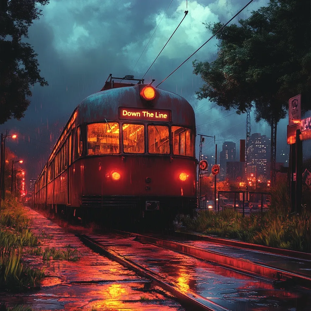 A red streetcar, illuminated with warm interior lights and the destination "Down The Line" displayed on its front, travels along rain-slicked tracks under a stormy night sky.  City lights twinkle in the background, reflecting in the puddles on the platform.  Trees line the tracks, their leaves dark against the vibrant glow of the train. The overall mood is melancholic yet captivating.