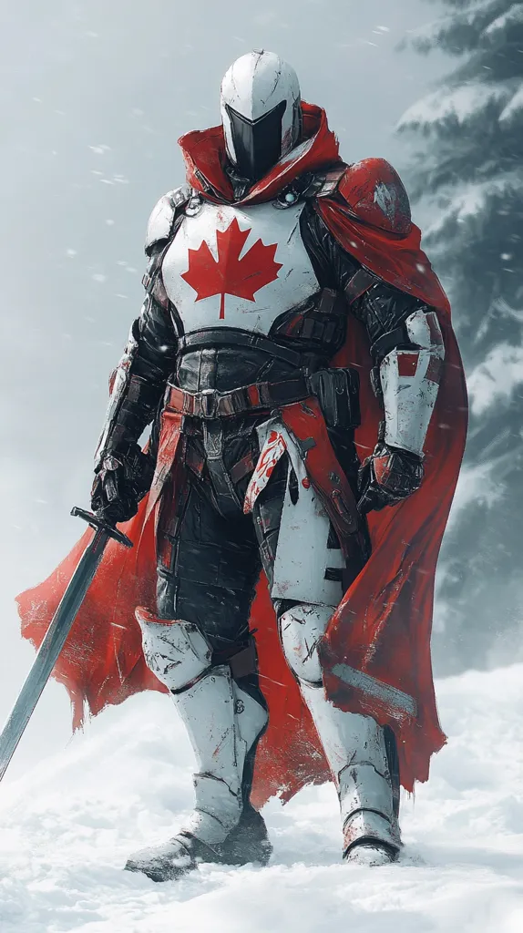A futuristic knight stands in a snowy landscape.  Clad in white and black armor, the knight's breastplate displays a large red maple leaf.  A flowing crimson cape billows behind, partially obscuring a long sword at the knight's side. The armor shows signs of battle, adding to the image's dramatic and powerful feel.  The snowy background suggests a cold, harsh environment.