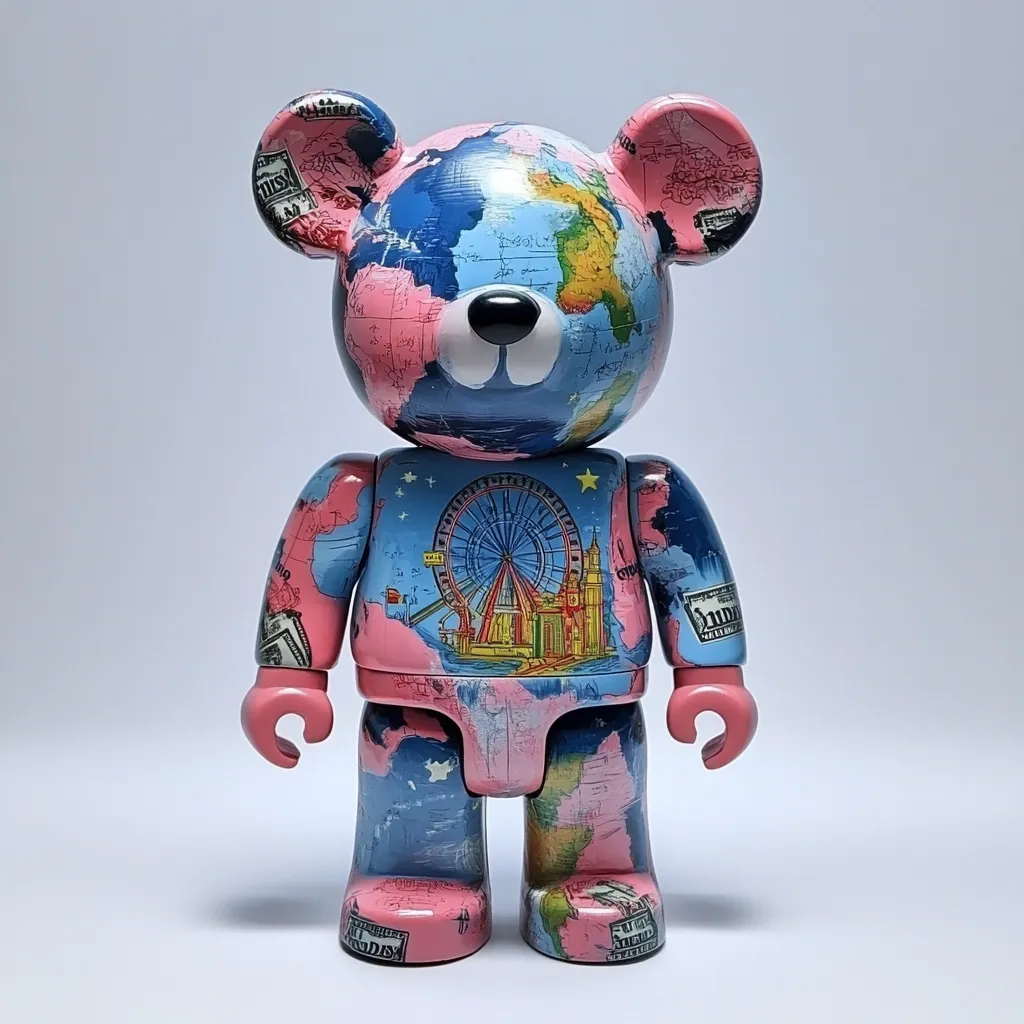 A collectible Bearbrick figure is shown.  Its head is a stylized world map in pink and blue tones, while its body features a map with images of landmarks like the London Eye and Big Ben.  Dollars bills are subtly incorporated into the design, creating a global travel theme. The bearbrick has a glossy finish, highlighting its detailed design.  The background is plain white.