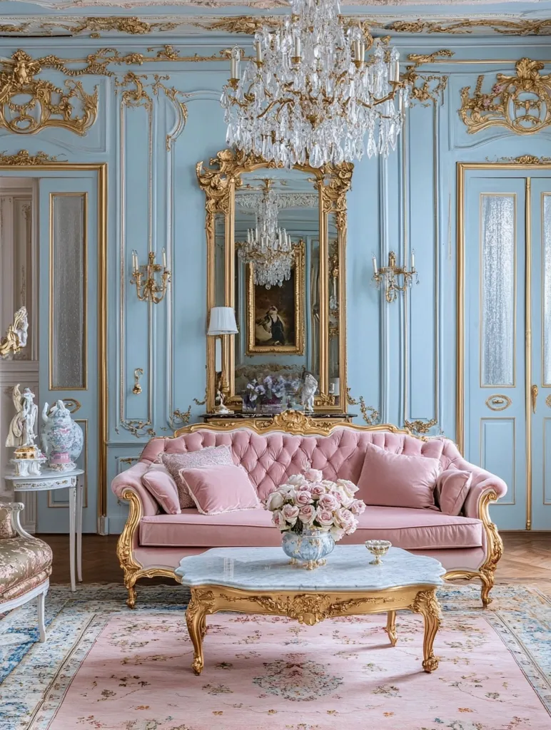 A luxuriously appointed room in soft blue and pink hues features ornate gold detailing on the walls and furniture. A pink velvet sofa sits centrally, adorned with pink cushions and a vase of roses on a gilded coffee table.  A large crystal chandelier hangs from the ceiling, illuminating the space. The overall aesthetic is opulent and romantic, reflecting a classic, elegant style.