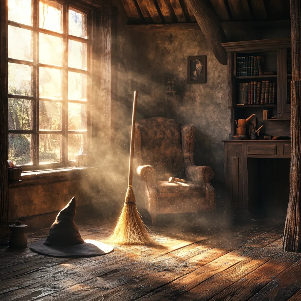 Sunbeams illuminate a rustic attic room, dust motes dancing in the golden light.  A witch's hat rests on the wooden floor beside a leaning broomstick.  A worn armchair sits near a dark wooden bookcase filled with ancient tomes. The atmosphere is one of aged magic and quiet solitude, hinting at spells cast and secrets kept within these weathered walls.