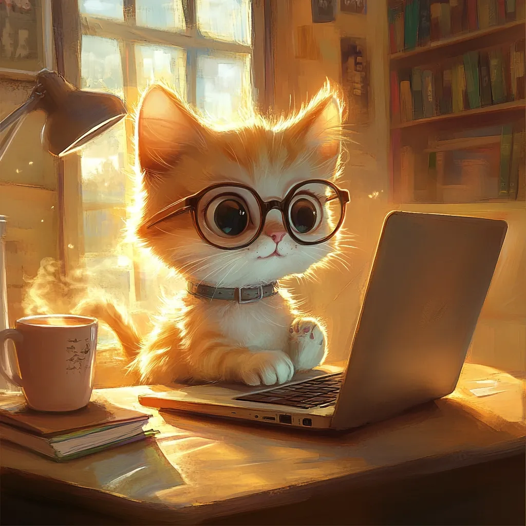 A cute, orange tabby kitten wearing round glasses sits at a desk, using a laptop.  Sunlight streams through a nearby window, illuminating the scene.  A warm mug sits beside a stack of books on the wooden desk, creating a cozy, studious atmosphere. The kitten's large eyes and focused expression add to its endearing charm.  A bookshelf filled with books is visible in the background.