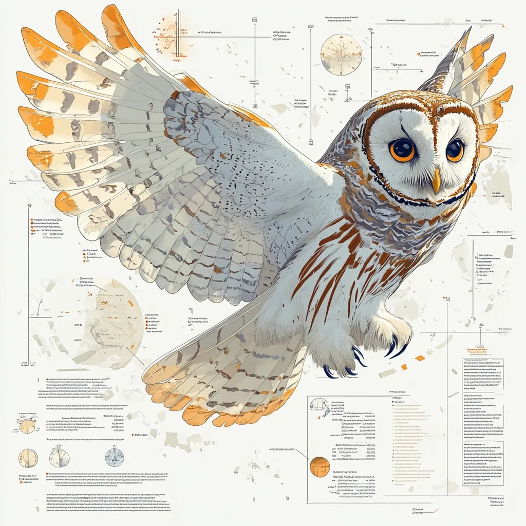 A detailed illustration of a Blakiston's Fish Owl in flight dominates the center.  Surrounding the owl are various diagrams and text, including maps of its habitat, feather detail breakdowns, and possibly information on its biology or conservation status. The style is scientific yet artistic, blending detailed anatomical renderings with geographic data.  The overall effect is a visually rich infographic celebrating this magnificent bird.