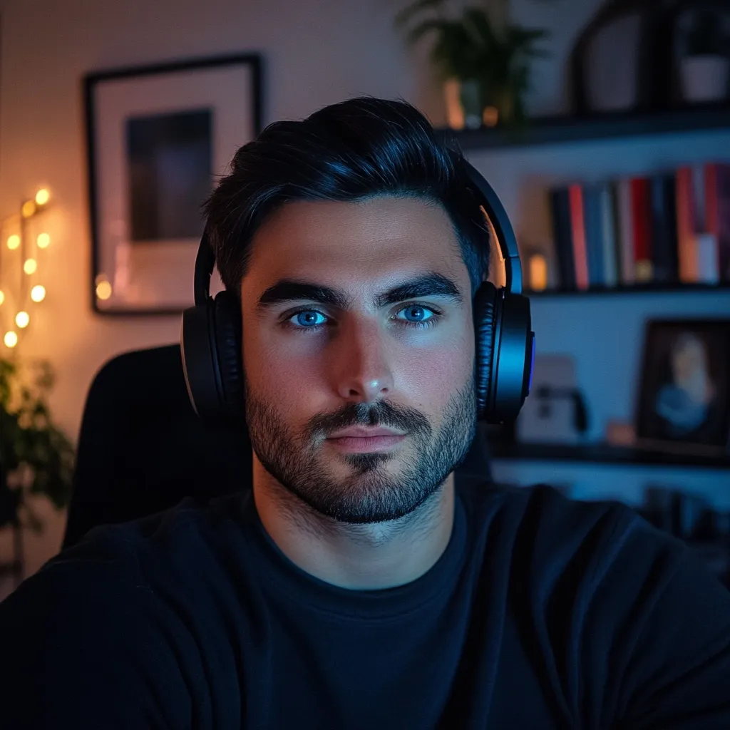 A young man with dark hair and a beard sits in a dimly lit room, wearing black over-ear headphones.  He gazes directly at the camera with intense blue eyes.  The background is blurred, showing a bookshelf and string lights, suggesting a home office or gaming setup.  The overall mood is serious and focused.