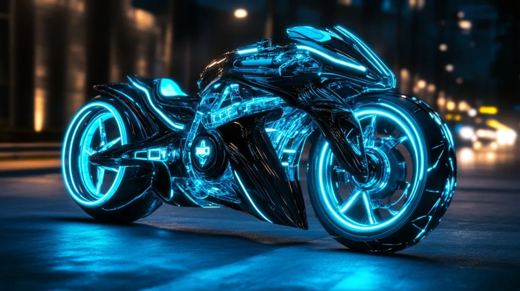 A futuristic motorcycle, sleek and black, is illuminated with vibrant blue neon lights outlining its body and wheels.  The design is highly stylized, appearing almost transparent in places, showcasing intricate internal mechanisms.  It sits on a dark, reflective city street at night, with blurred city lights in the background.  The overall aesthetic is one of high-tech speed and futuristic design.
