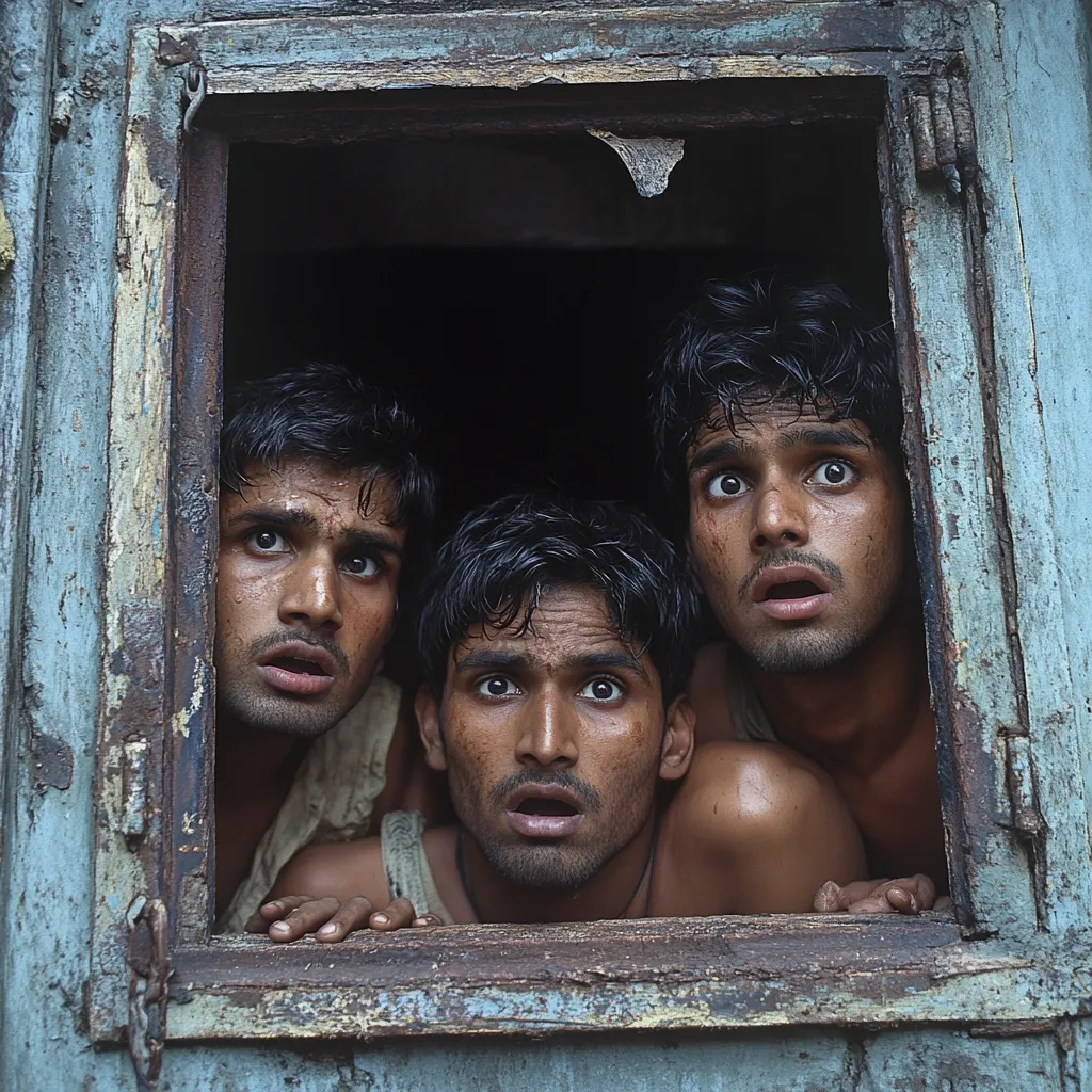Three young men with dark hair and worried expressions peer out from a weathered window frame.  Their faces are close together, reflecting a shared apprehension.  The window is old and decaying, suggesting a state of disrepair or confinement.  The overall mood is one of suspense and uncertainty.