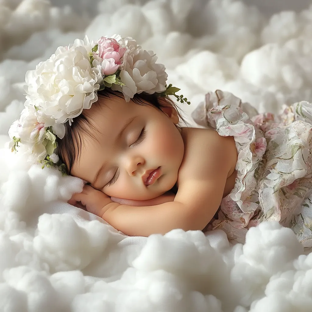A precious baby girl, adorned with a delicate flower crown, sleeps soundly amidst fluffy white clouds.  Her eyes are gently closed, and her peaceful expression radiates innocence.  She's dressed in a light floral dress, creating a serene and angelic image. The soft lighting and textures enhance the overall dreamy atmosphere.
