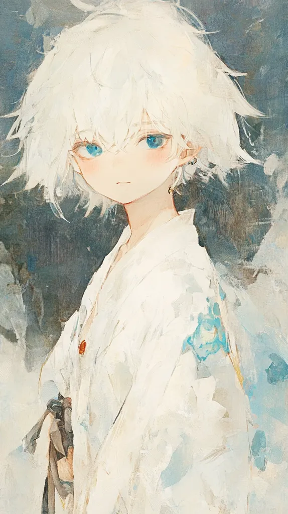 A stylized portrait of a young person with short, white hair and bright blue eyes. They are wearing a loose, white garment, possibly a kimono, with subtle blue accents. The artistic style is loose and impressionistic, with visible brushstrokes and a muted color palette dominated by whites, blues, and greys. The background is abstract and painterly, adding to the overall ethereal and dreamlike quality of the piece.