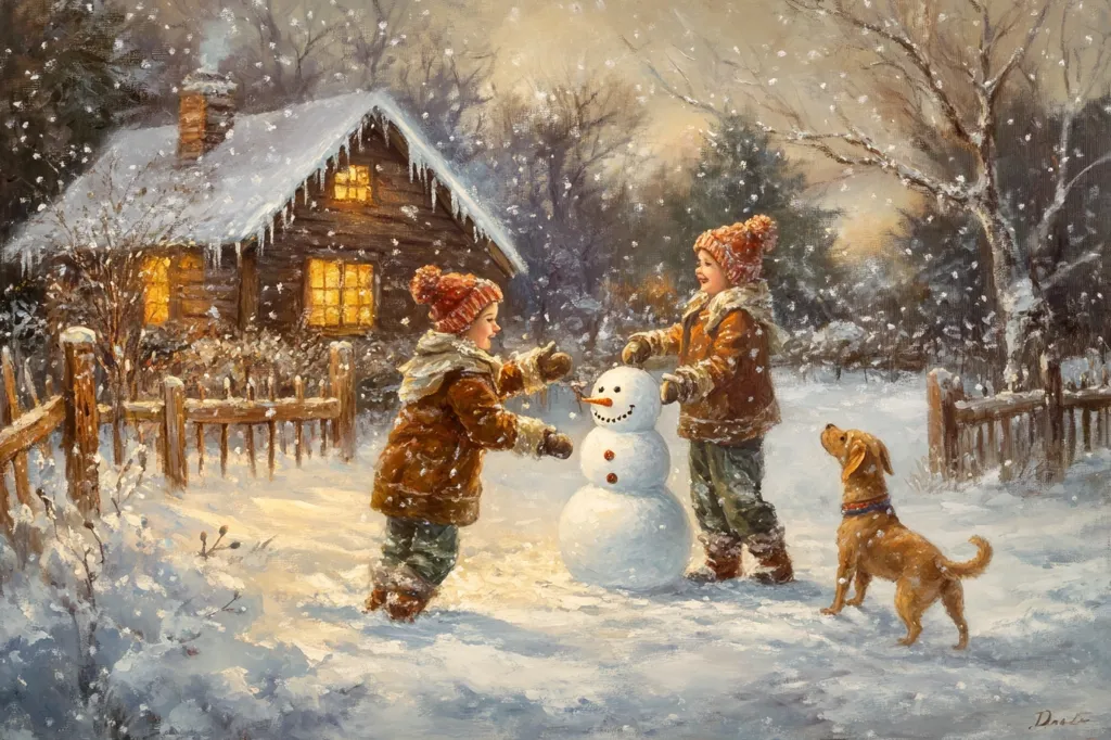 Two children, bundled in winter attire, build a snowman in a snowy yard.  A warm, inviting cabin glows with light in the background, while a golden dog patiently watches. Snow gently falls, creating a magical winter scene. The painting evokes a sense of childhood joy and the simple pleasures of a snowy evening.