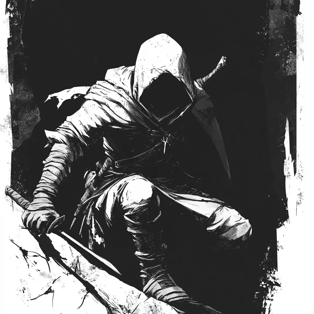 A hooded figure, cloaked in shadow, crouches low, gripping a long sword.  The monochromatic artwork uses stark contrasts of black and white to emphasize the character's stealthy posture and the gritty texture of their attire.  The background is dark and undefined, adding to the mysterious and ominous atmosphere. The style suggests a character from a fantasy or dark fiction setting.