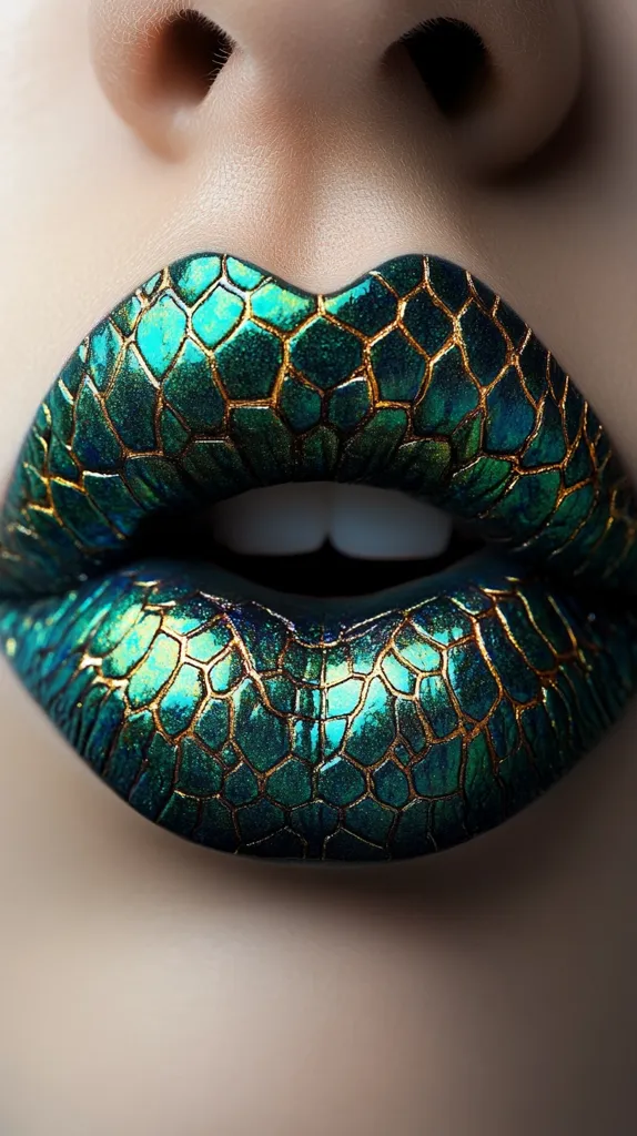 Close-up of a woman's lips adorned with intricate, teal and gold scales, creating a reptilian effect. The makeup artistry is highly detailed, mimicking the texture and color of snake skin.  The lips are full and the overall impression is one of striking, glamorous, and somewhat otherworldly beauty.