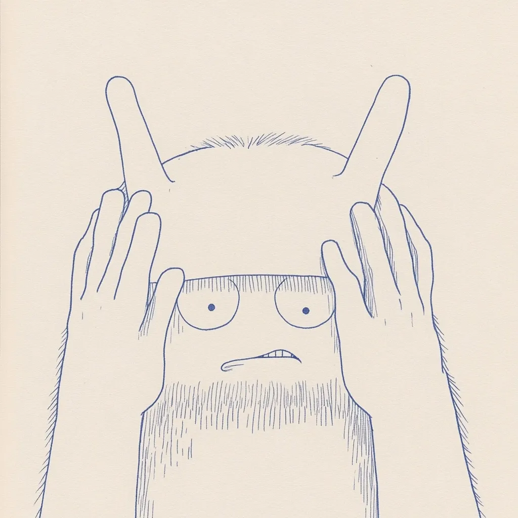 A minimalist line drawing depicts a furry, oblong creature with large, expressive eyes and bunny-like ears.  The creature's hands are raised, seemingly holding its head or covering its face, conveying a sense of worry or distress. The simple style and muted blue ink create a subdued, melancholic mood. The background is a plain, off-white.