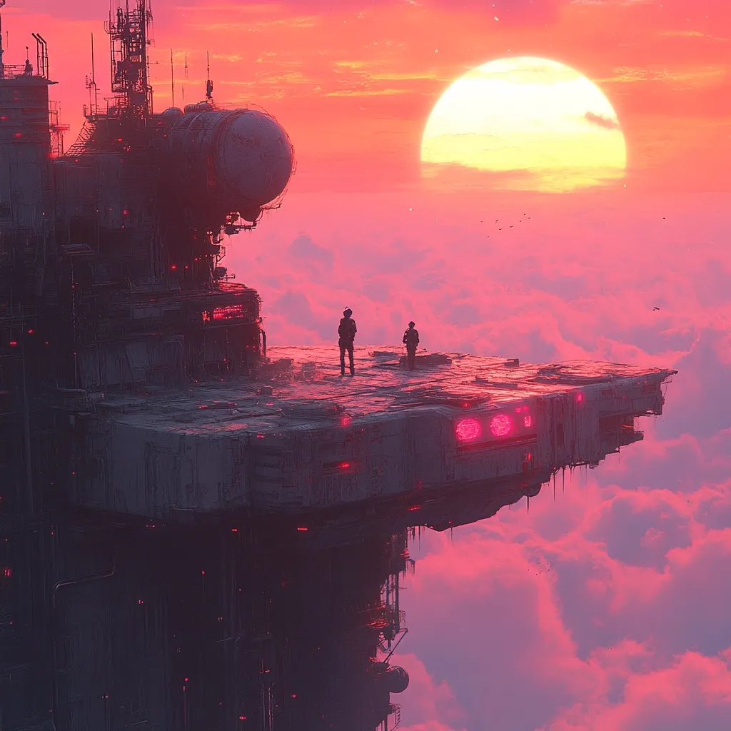Two figures stand silhouetted against a vibrant, crimson sunset on a futuristic platform extending from a massive, intricate structure.  The platform hangs dramatically over a sea of pink clouds, a large sun dominating the sky. The scene evokes a sense of isolation and wonder in a technologically advanced, possibly post-apocalyptic, world.  Glowing red lights punctuate the dark architecture.