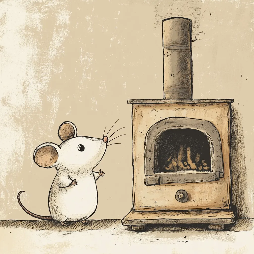 A charming illustration depicts a small, white mouse standing before a wood-burning stove. The mouse, with large ears and expressive eyes, appears to be gazing curiously at the warm embers glowing within the stove's firebox.  The stove is depicted in a rustic style, with a textured, slightly worn appearance.  The overall style is reminiscent of children's book illustration, conveying a sense of warmth and coziness.
