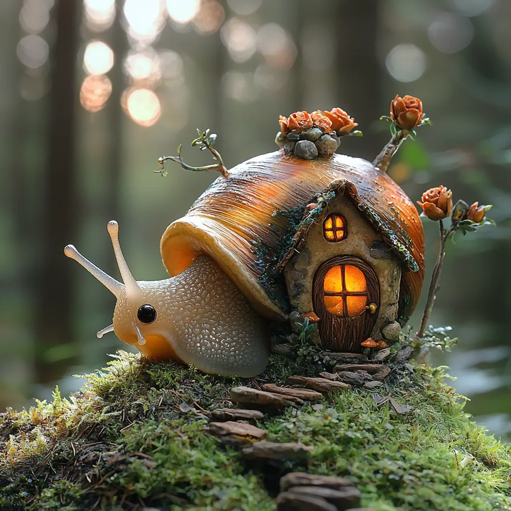 A whimsical snail carries a tiny, illuminated cottage on its shell.  The miniature house, adorned with small roses and mossy details, sits atop the snail's shell in a forest setting.  The scene is idyllic and magical, with a soft, warm light emanating from the cottage's window.  The snail appears to be moving slowly across a mossy mound.