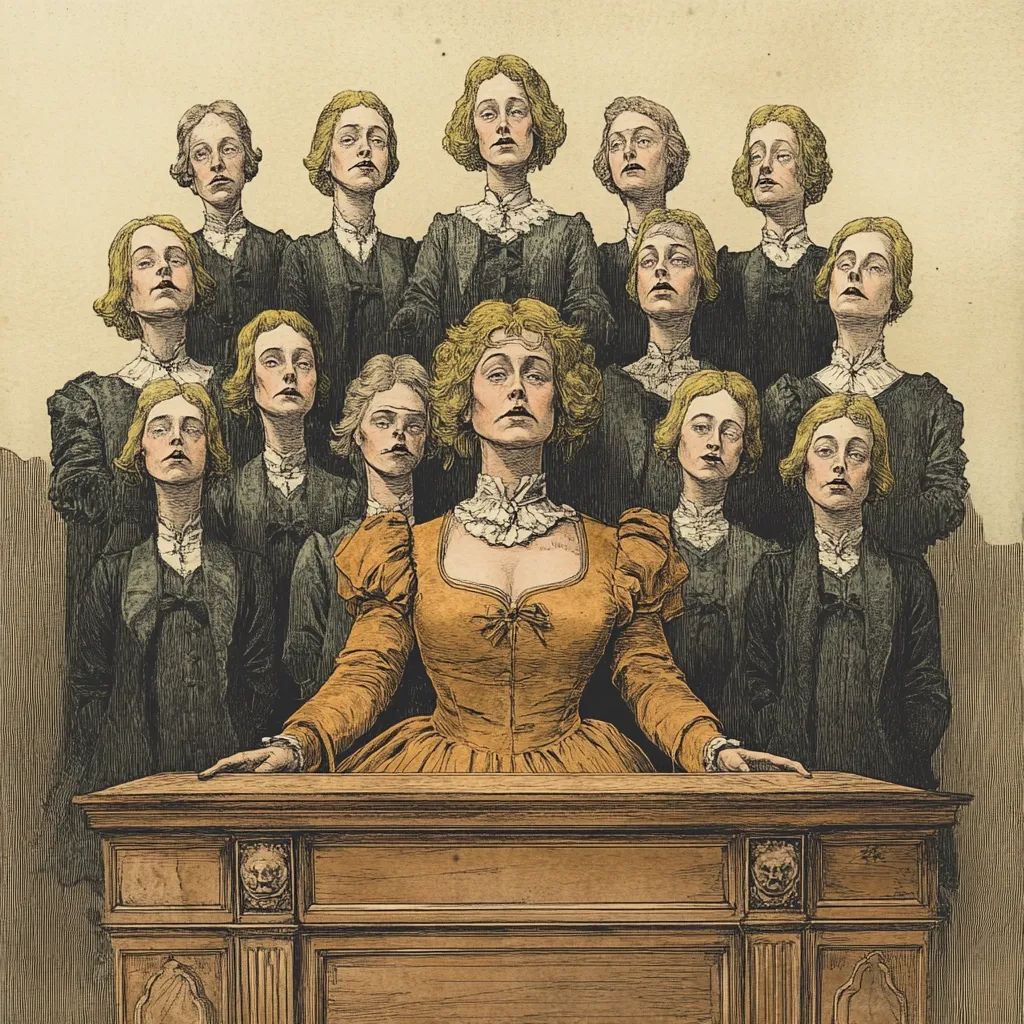 A woman in a mustard-yellow dress sits at a wooden table, presiding over a chorus line of identically dressed young women.  The women stand in rows behind her, their expressions serious and uniform. The image is rendered in a detailed, illustrative style reminiscent of 19th-century printmaking, with muted color tones and fine lines. The overall atmosphere is formal and slightly unsettling.
