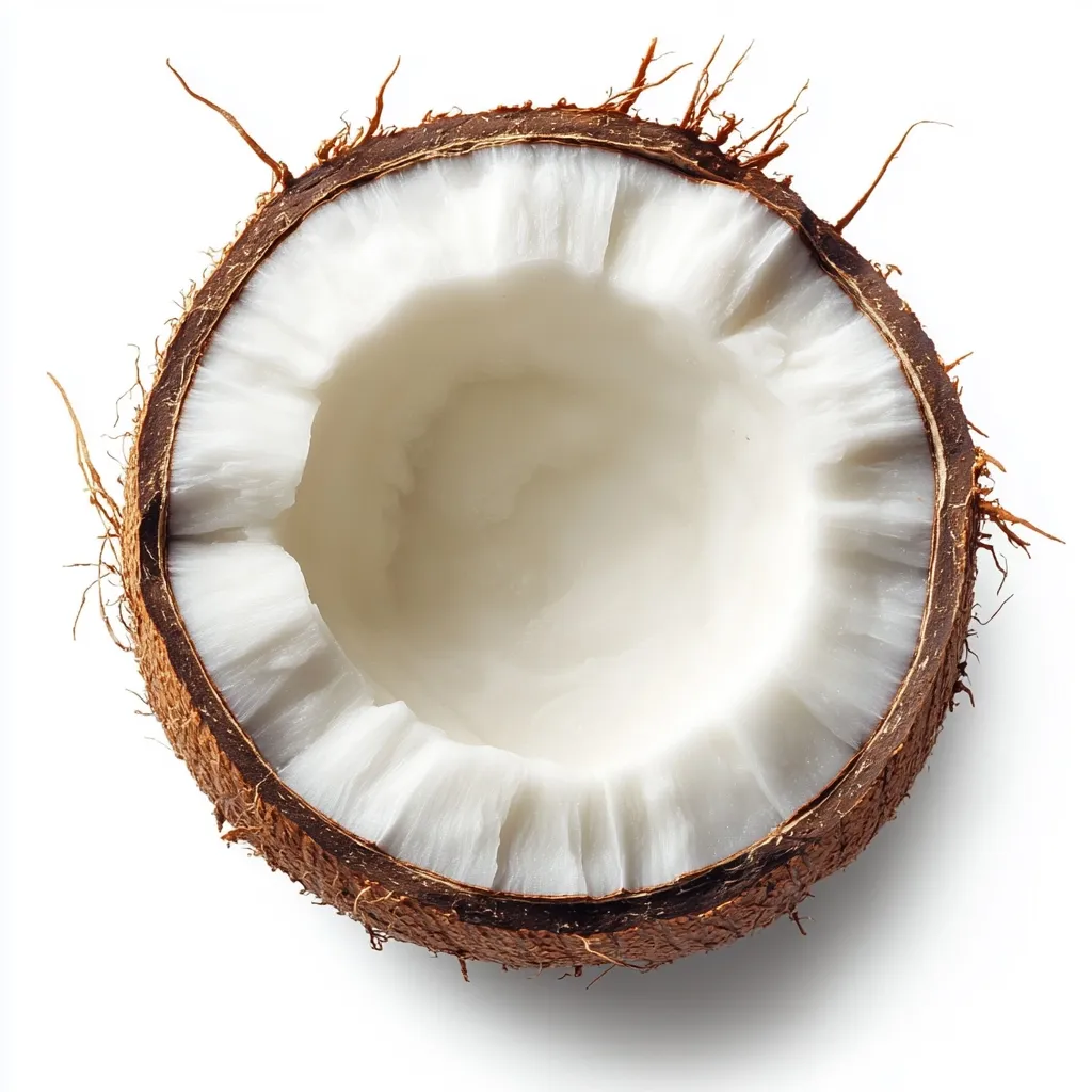 A half coconut, viewed from above, is shown against a white background.  The brown husk is visible, surrounding the white flesh which has been scooped out, leaving a hollow center.  The coconut's hairy fibers are also clearly visible, extending from the shell. The image is crisp and clean, highlighting the texture and color of the coconut.