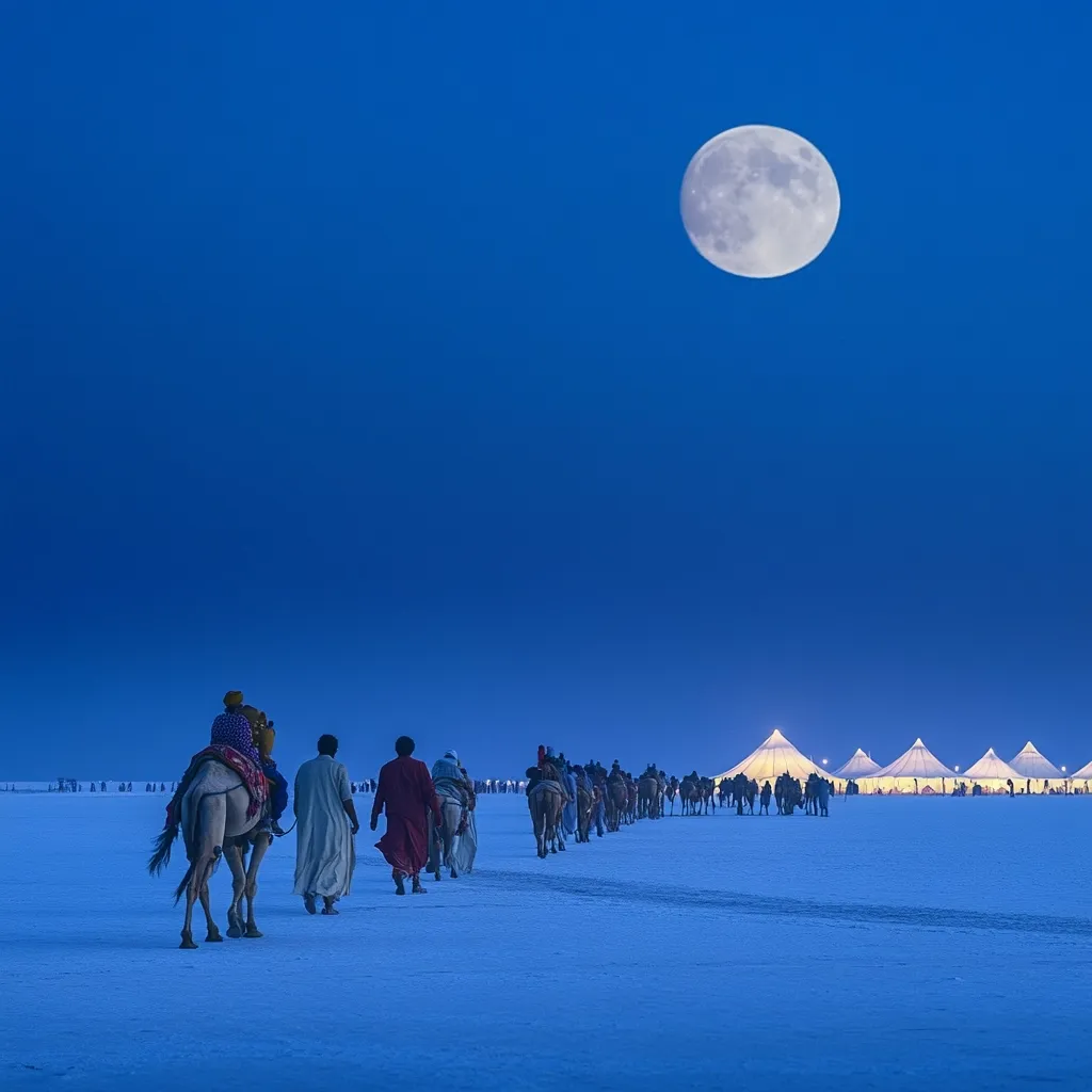Under a large, bright moon, a caravan of camels carrying people traverses a vast, white salt flat.  The figures are silhouetted against the twilight sky.  In the distance, illuminated tents mark a temporary settlement.  The scene evokes a sense of journey and adventure in a remote, desolate landscape.