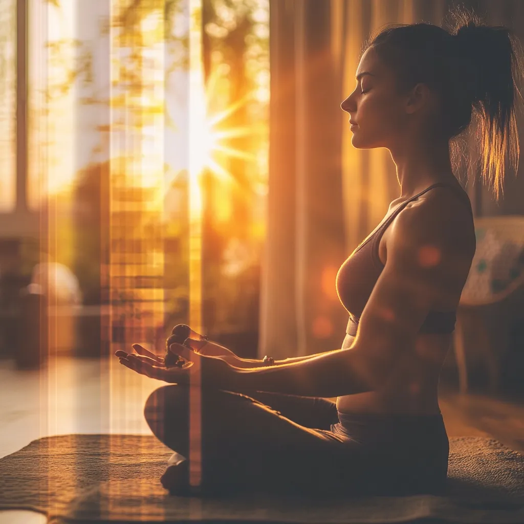 A young woman sits in a peaceful lotus yoga pose, eyes closed, during a golden sunrise.  Sunlight streams through a nearby window, illuminating her serene expression and athletic form. She is wearing a dark sports bra and leggings, hands resting gently on her knees. The warm light creates a tranquil and meditative atmosphere.