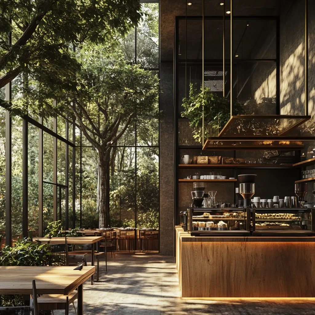 A modern cafe design seamlessly blends indoor and outdoor spaces.  Large windows showcase a lush, green forest backdrop, with a large tree growing inside the building.  The interior features a minimalist aesthetic with wooden accents, sleek metal shelving, and a stylish coffee bar. Tables and chairs are sparsely arranged, creating a calm and inviting atmosphere. Sunlight streams through the windows, illuminating the space.