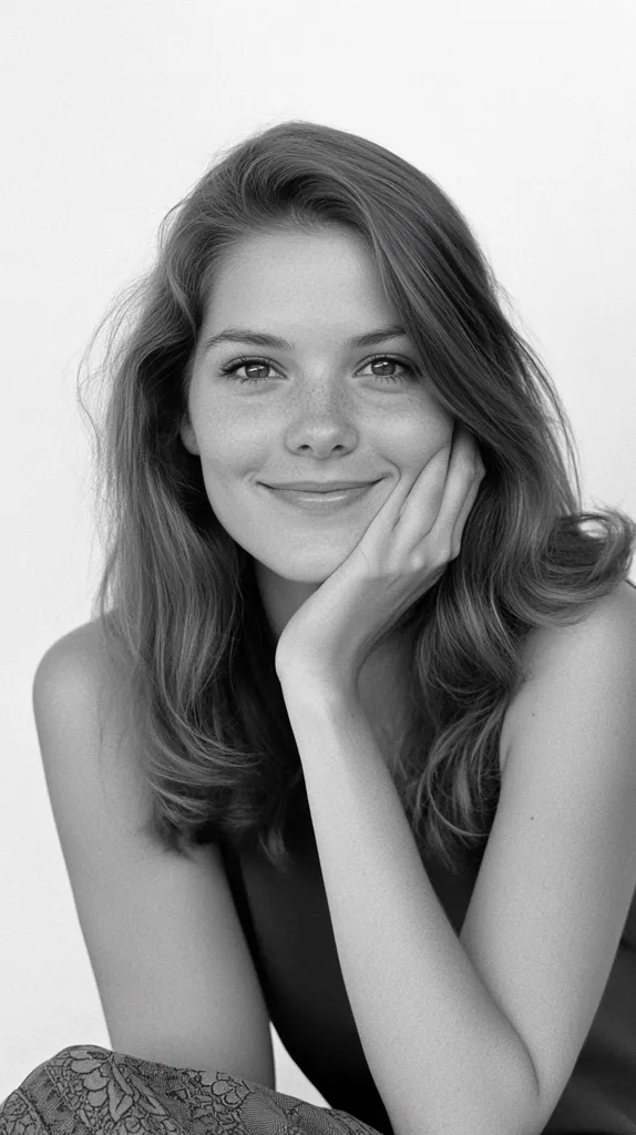 A black and white portrait of a young woman with shoulder-length hair. She is smiling gently, her hand resting on her cheek.  Her freckles are visible, and she wears a dark-colored sleeveless top. The background is a plain, light-colored wall, keeping the focus entirely on the subject.  She has a soft, natural beauty.