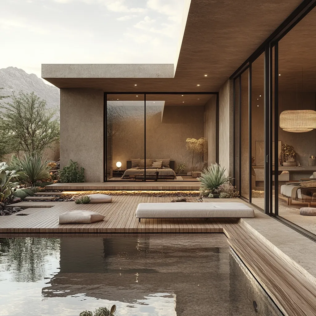 A minimalist desert dwelling features a tranquil outdoor space.  Large glass doors open to a serene bedroom, blurring the lines between indoors and outdoors.  A wooden deck surrounds a reflecting pool, complemented by low-lying cushions and a long daybed.  Desert landscaping and muted earth tones create a sense of calm and sophistication.