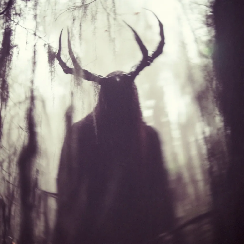 A shadowy figure, cloaked and adorned with large, antler-like horns, stands within a misty, ethereal forest. Spanish moss drapes from the trees, obscuring the background and adding to the mysterious atmosphere. The figure's features are indistinct, leaving its identity and intentions unknown. The image evokes a sense of mystery and unease, hinting at folklore or supernatural themes.