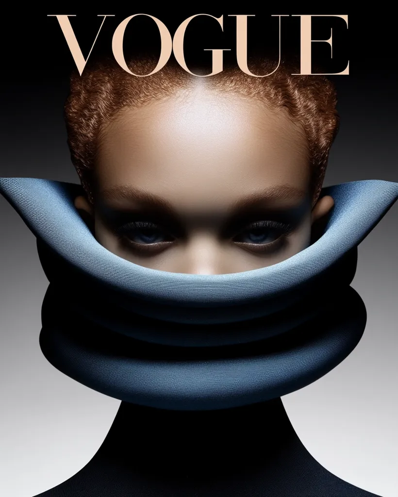 A Vogue magazine cover features a model with short, curly hair.  Her face is partially obscured by a large, structured, pleated collar of a muted blue fabric, creating a dramatic and mysterious effect.  The model's intense gaze is visible above the collar, emphasizing her strong features. The overall tone is dark and sophisticated.