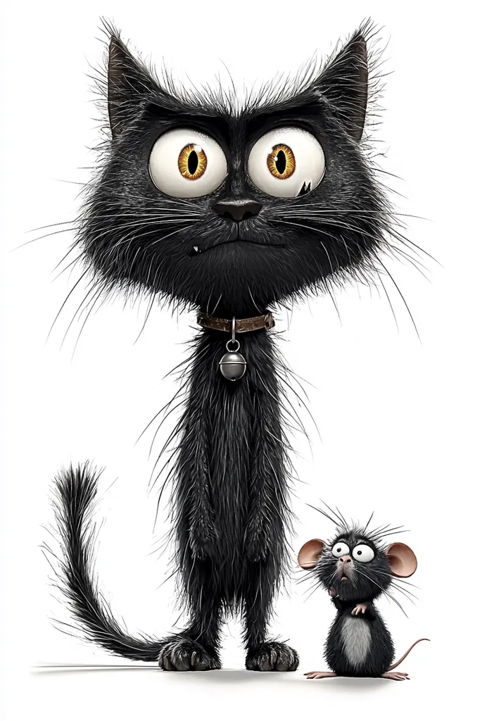 A cartoon depiction of a large, shaggy black cat with exaggerated features stands beside a small, equally expressive mouse.  The cat wears a collar with a bell, and both animals have wide, expressive eyes. The style is whimsical and humorous, emphasizing the size difference between predator and prey. The background is plain white, focusing attention on the characters.