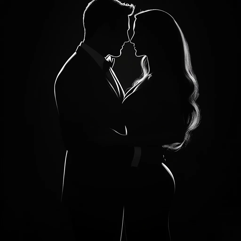 A black and white silhouette of a couple embracing.  The man, in a tuxedo, and woman with long hair, stand close, their foreheads touching.  The image is starkly contrasted against a dark background, highlighting their intimate connection.  The soft lighting accentuates their forms, creating a romantic and elegant mood.